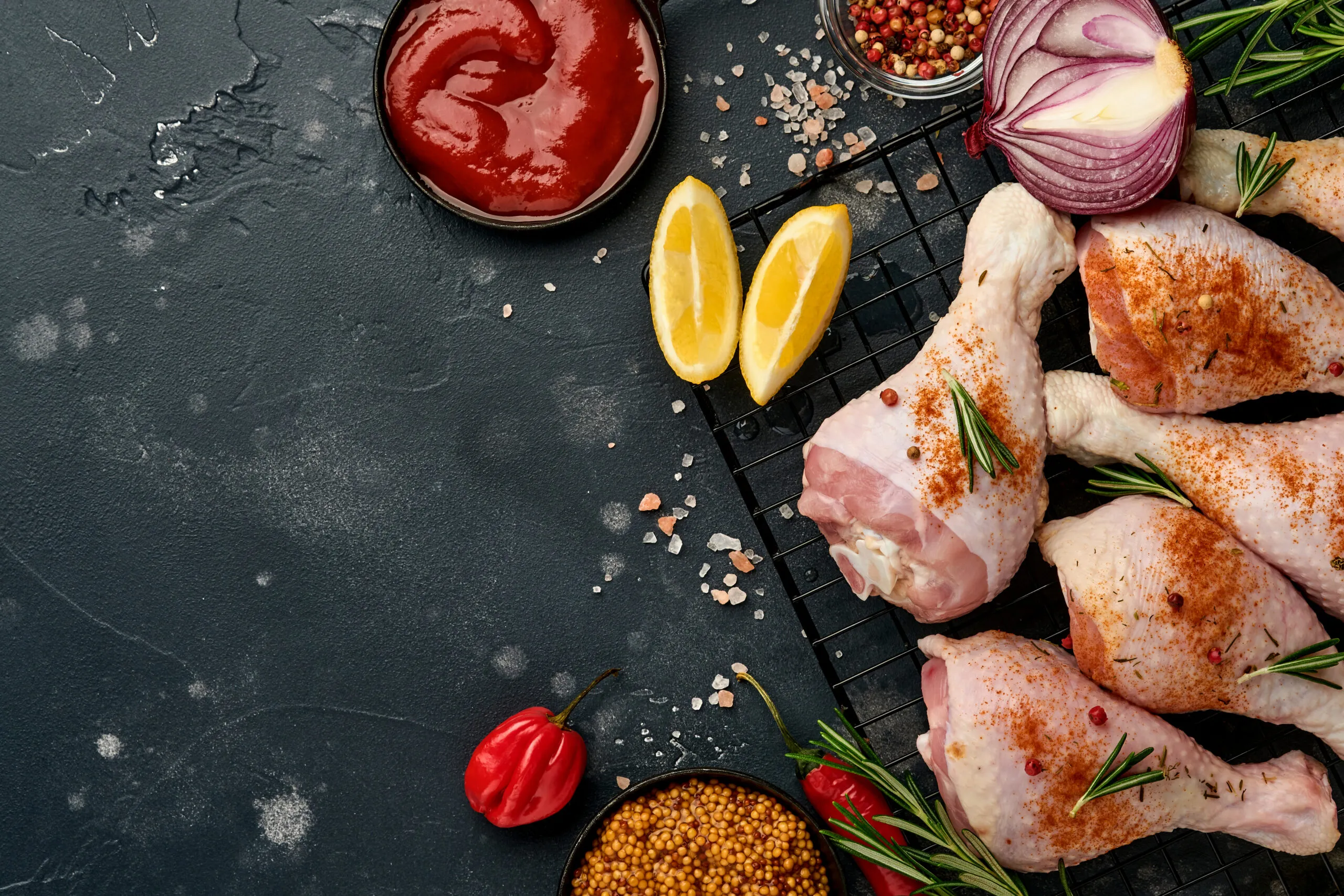 Raw chicken drumsticks with ingredients for cooking on a black stone background. Food background, Raw meat with spices at black table. Top view.