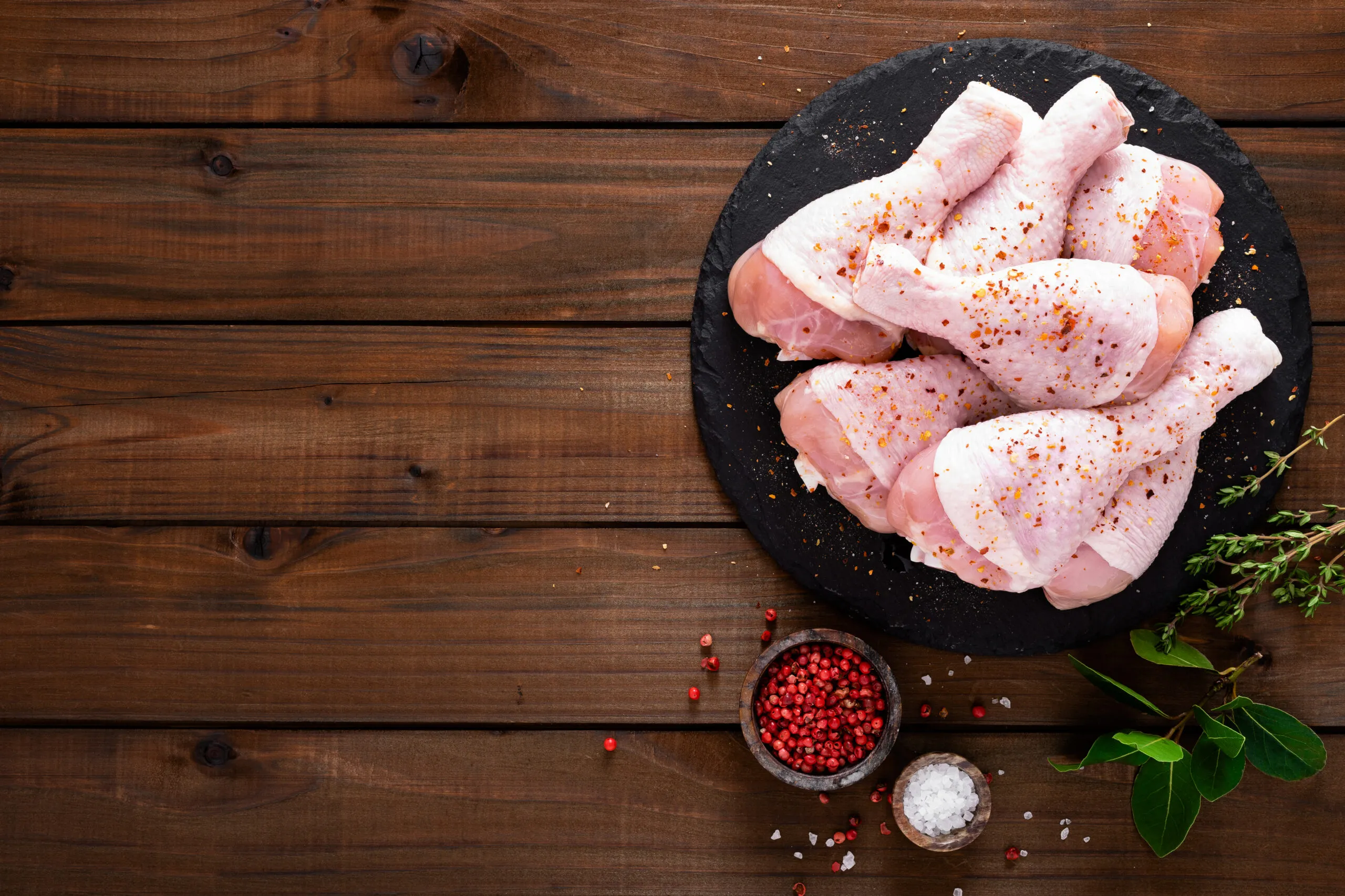 Raw fresh chicken legs on wooden background. Top view